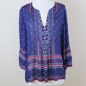 Lucky Brand Navy Red Banded Print V Neck Blouse
